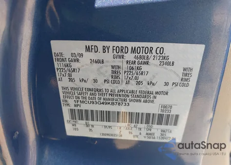 2009 Ford Escape Xlt из США, поврежденный, VIN 1FMCU93G49KB78733